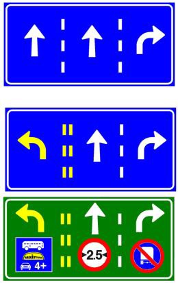 הגדרת תנועות בנתיבים:
בדרך מהירה בחצים –
לבנים על רקע כחול,
בדרכים אחרות –
בחצים לבנים על רקע
ירוק.
חץ בצבע צהוב נתיב –
לתחבורה ציבורית
. כמפורט בתמרור 90