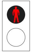 דמות הולך רגל עומד
בצבע אדום:
אל תתחיל בחציית
הכביש ואם אתה נמצא
בכביש פנהו מיד.