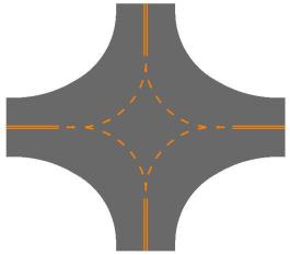 קו קטעים בצבע כתום –
פניה בצומת:
סע במקביל לקו
הקטעים.
פנית פרסה מותרת אלא
אם הדבר נאסר על ידי
תמרור אחר.